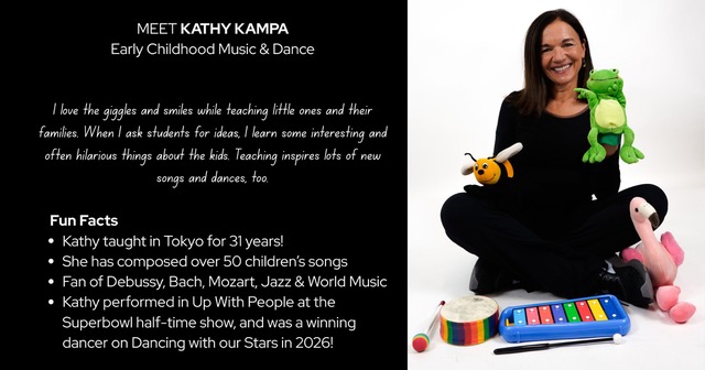 A woman with long hair, dressed in a black top and pants, is smiling while sitting on the floor. She holds a green stuffed frog in one hand and a colorful toy in the other. Various toys are scattered around her, including a xylophone, a colorful ball, and a stuffed bee. The background features a black wall with text about her experience in early childhood music and dance.
