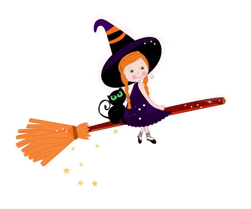 Cute witch with cats happy halloween background vector.jpg